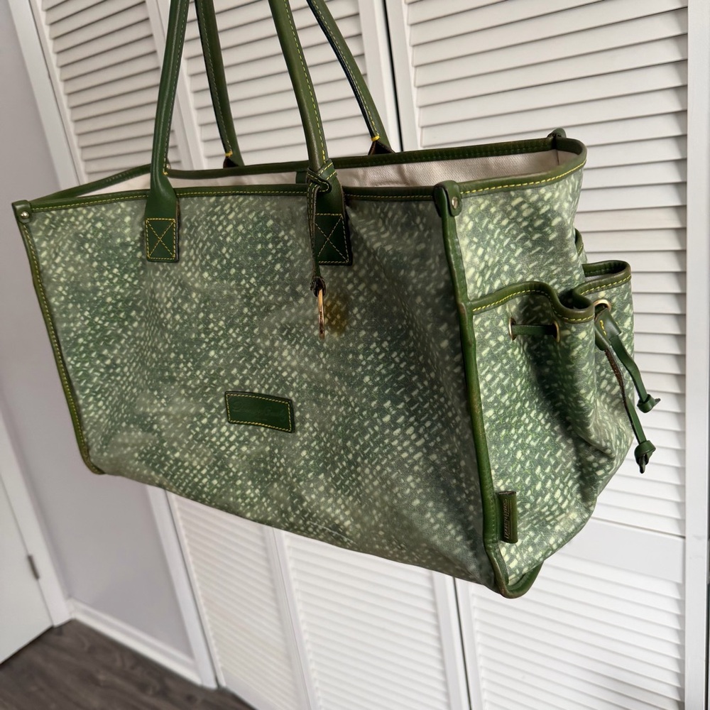 Vintage Dooney & Bourke XL Tote Bag Green Leather Canvas Large Shopper - Picture 2 of 16